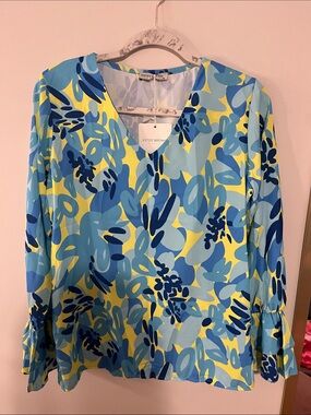 Blue & Yellow Floral V-Neck Blouse